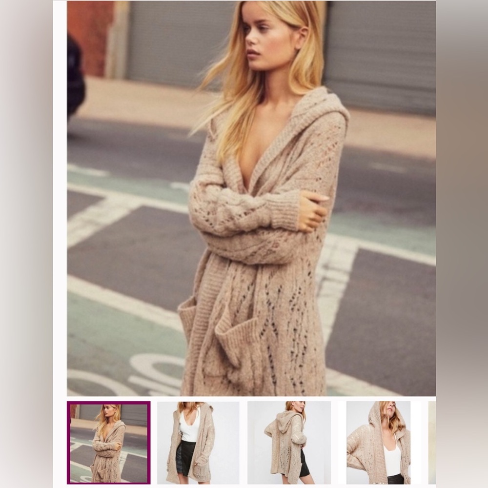 Free People Lemon Drop Tan Hooded Alpaca Blend Pockets Cardigan Sweater